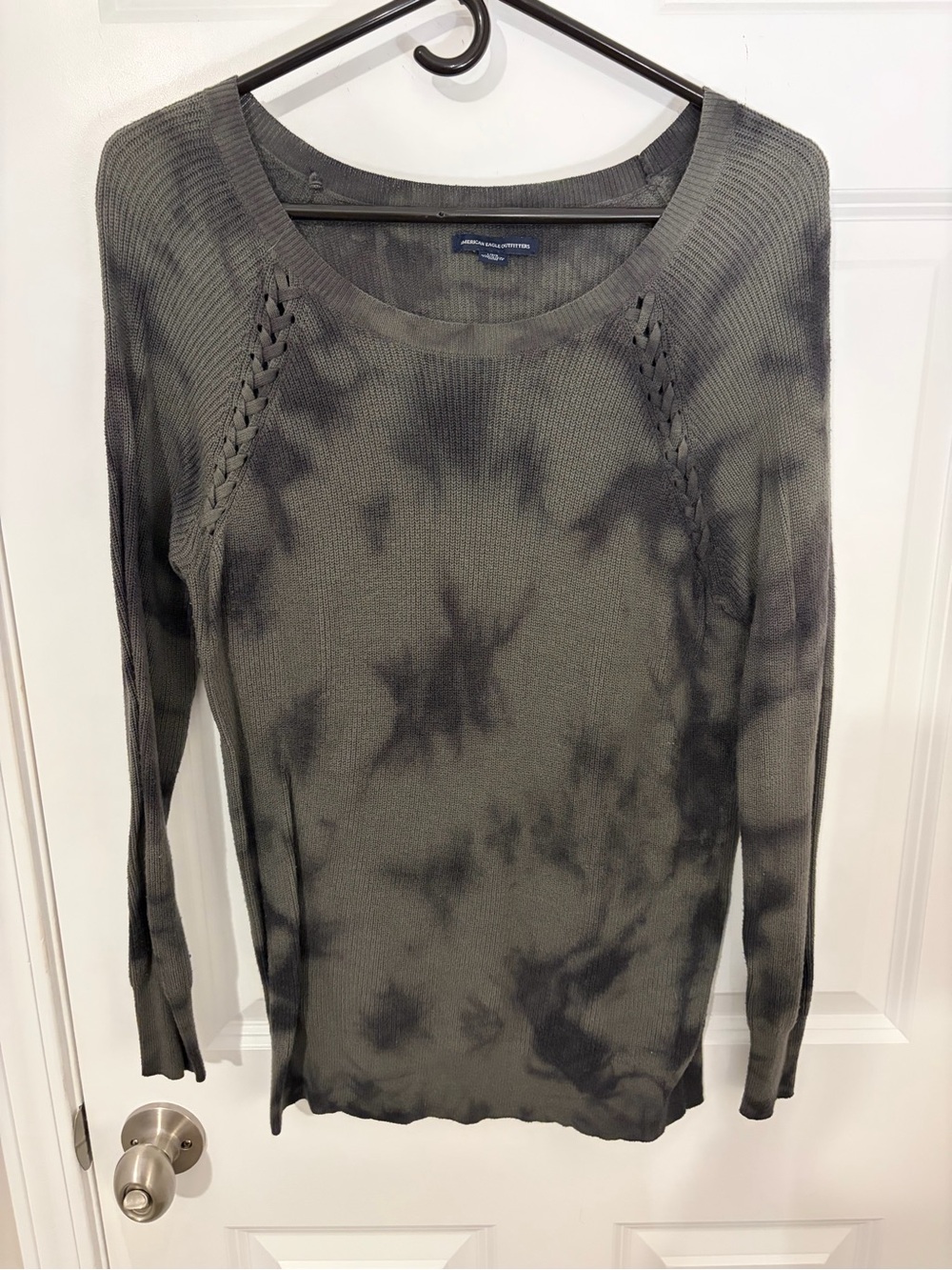 American Eagle Olive & Charcoal Tie-Dye Knit Long Sleeve Sweater Top - Large